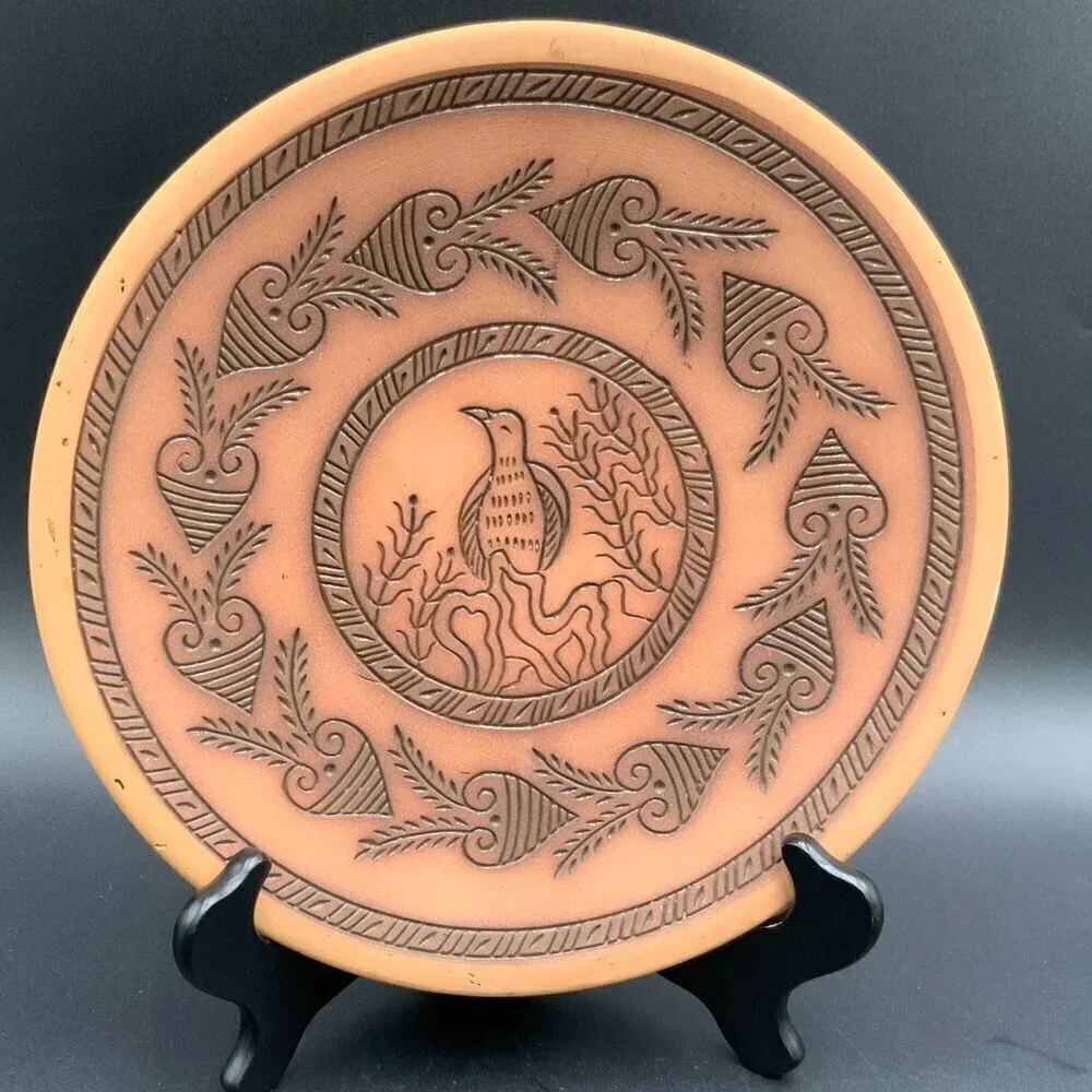 Handmade Signed Terra Cotta Etched Bird Plate Wall Hanging Central Asia
